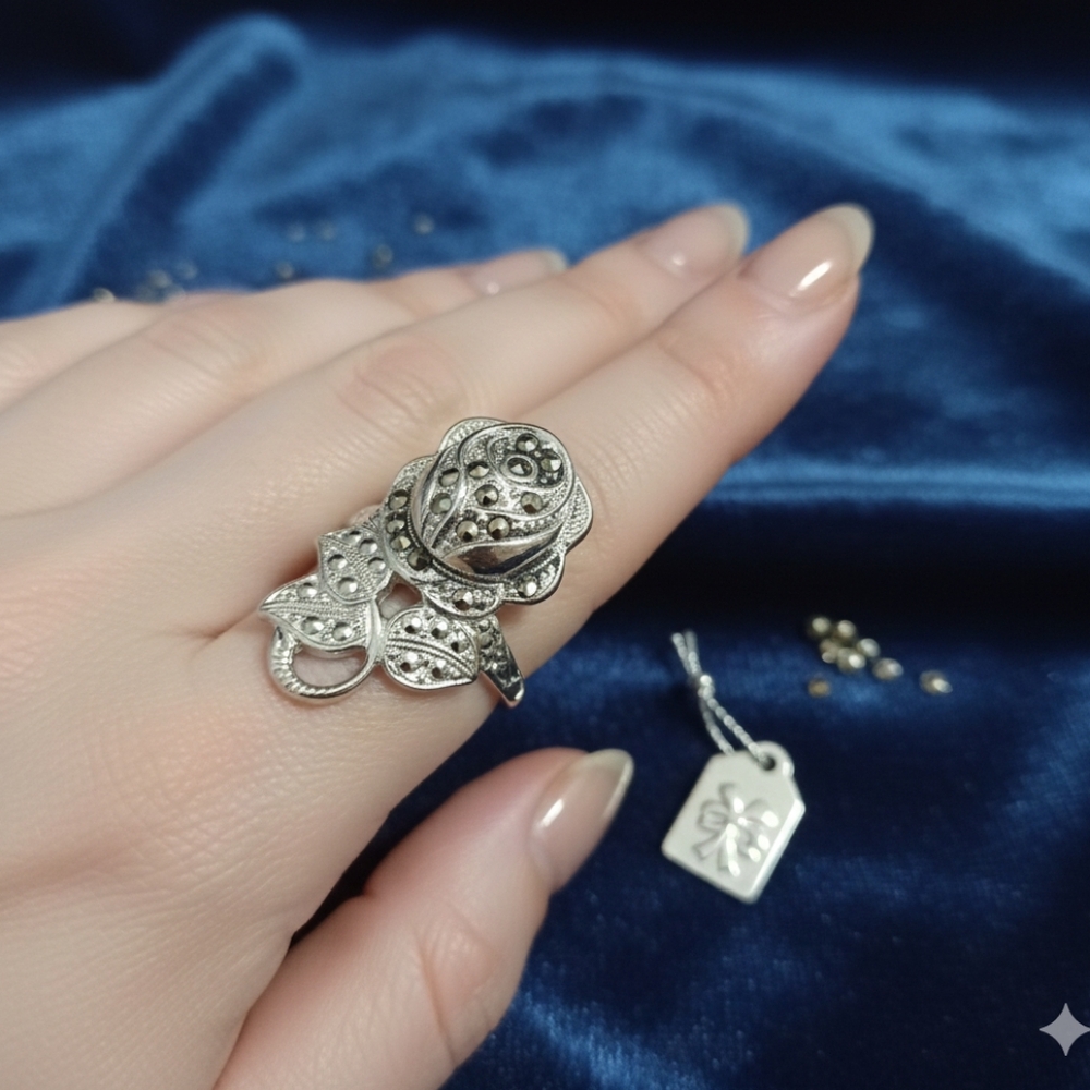 Silver Crystal Rose Statement Ring - image 1